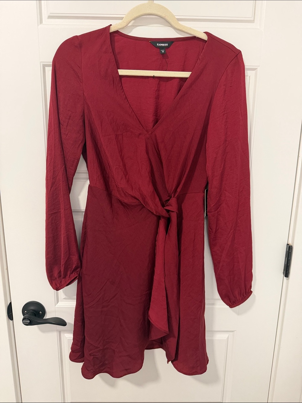 Express Women's Deep Red Long Sleeve Tie-Front Wrap Dress